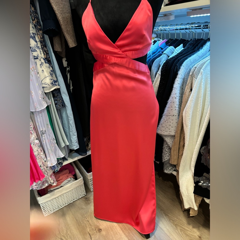 NWT. Zara Coral Pink Satin Effect Cut Out V-neck Midi Dress. Size XS. - Picture 10 of 12